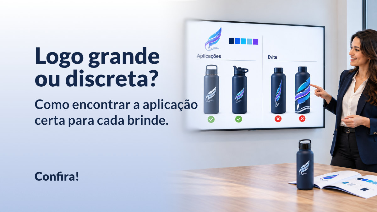 Profissional apresenta exemplos de aplicação de logo em garrafas, com tamanhos e posições adequados e inadequados.